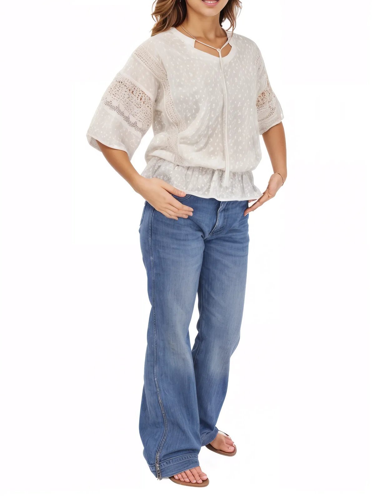 Woman's lace detail 100% Cotton White Top - Tenku Designs