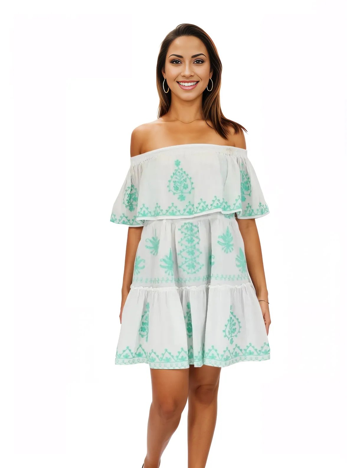 Woman's off - shoulder 100% Cotton White Dress Lime Green Embroidery - Tenku Designs