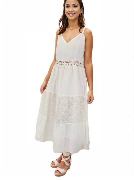 Woman's Sleeveless Lace Detail 100% Cotton White Dress - Tenku Designs