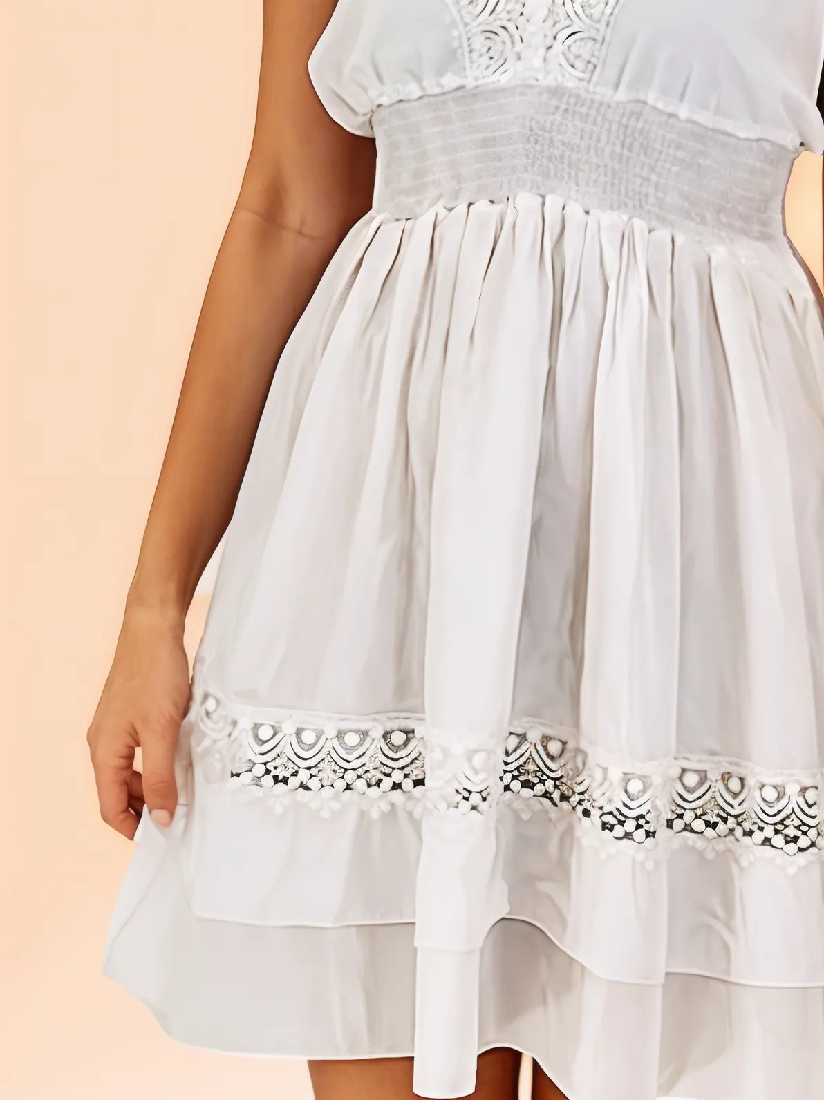 Woman's Sleeveless Lace Detail 100% Cotton White Dress - Tenku Designs