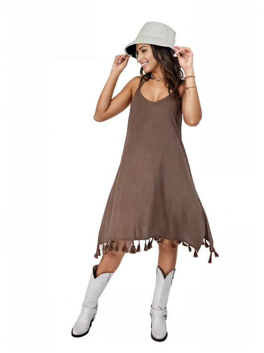 Hand - Painted Boho Tassel Dress – Adjustable Spaghetti Straps, Vintage Colors & Embroidery Brown - Tenku Designs