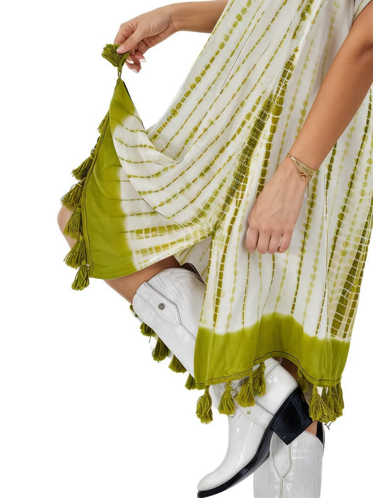 Hand - Painted Boho Tassel Dress – Adjustable Spaghetti Straps, Vintage Colors & Embroidery Green - Tenku Designs
