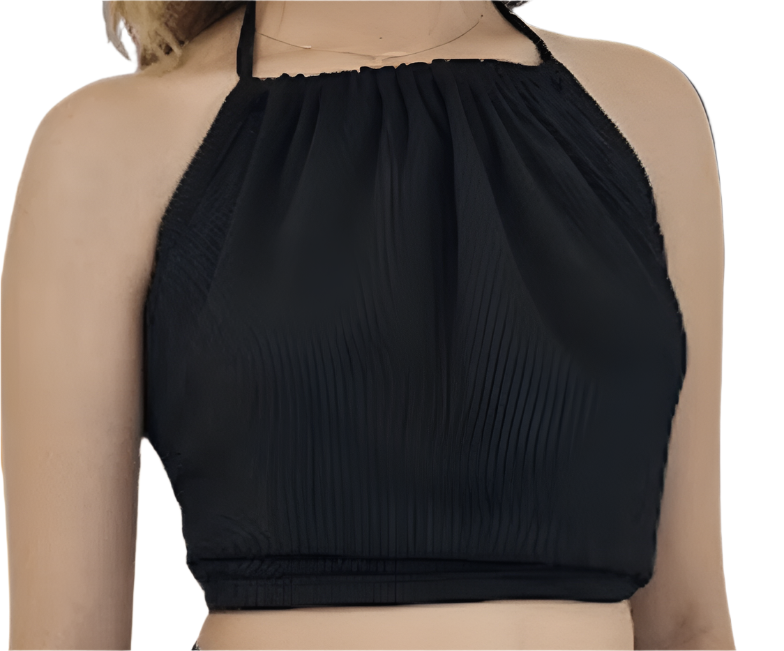 Ribbed Backless Drawstring Halter Top Black