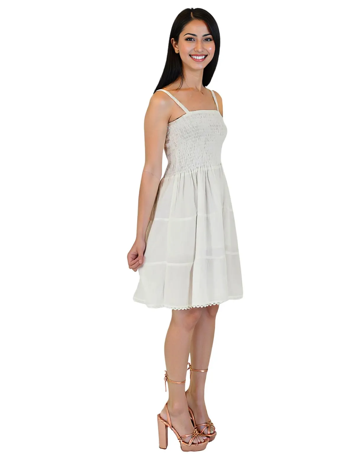 White 100% Cotton Spaghetti Strap Dress – Smocked Fit | Tenku Designs