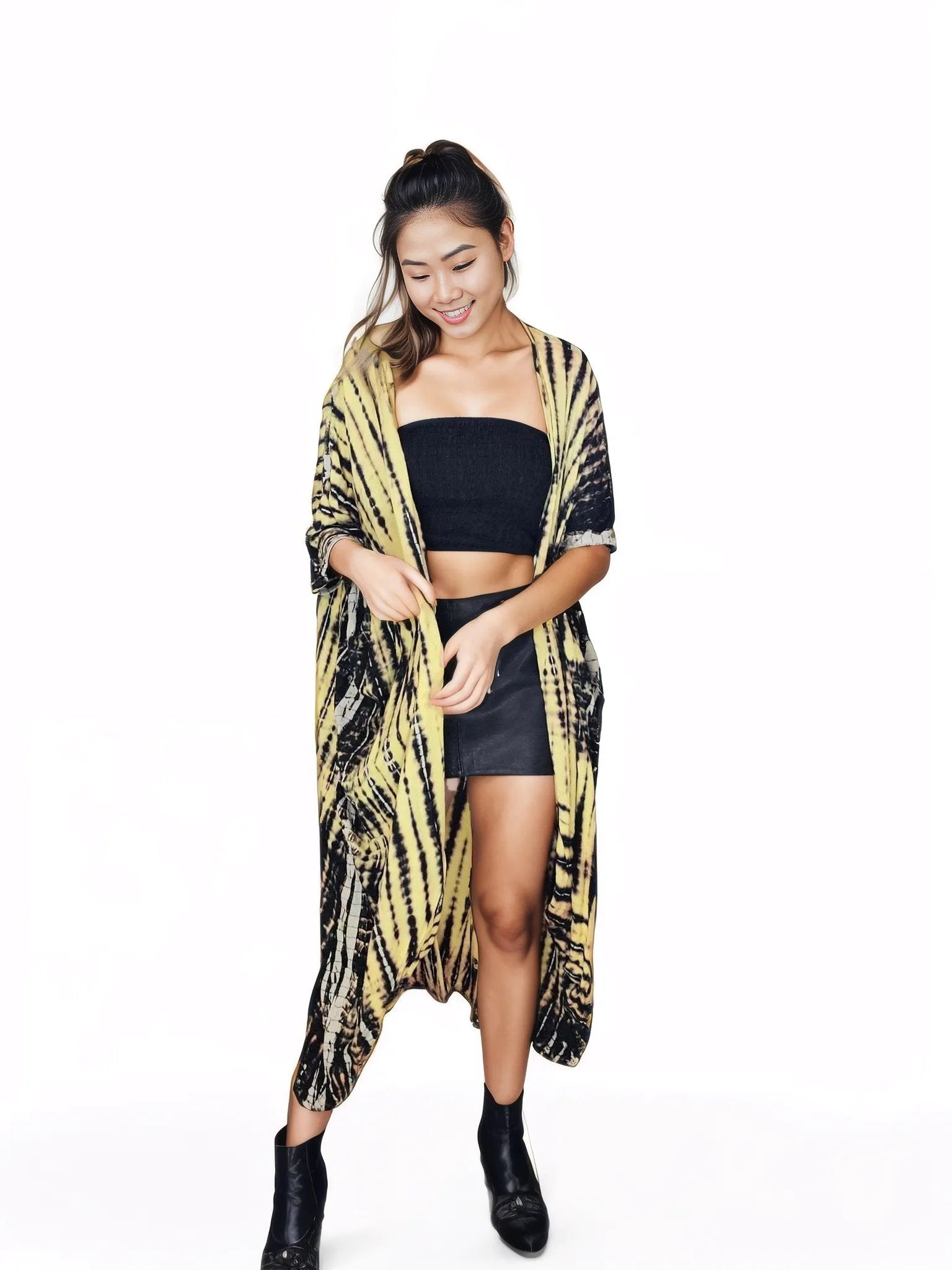 Yellow/Black Boho Tie - Dye Cardigan | Cozy & Chic - Tenku Designs
